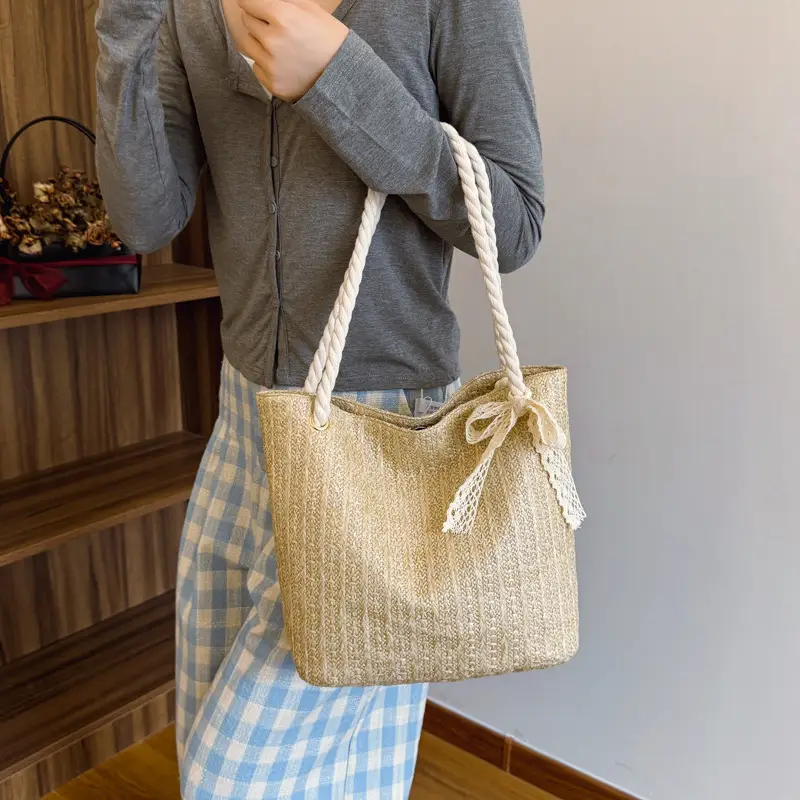 Women Straw Bow Bag 2025 Summer Lace Handle - Image 5