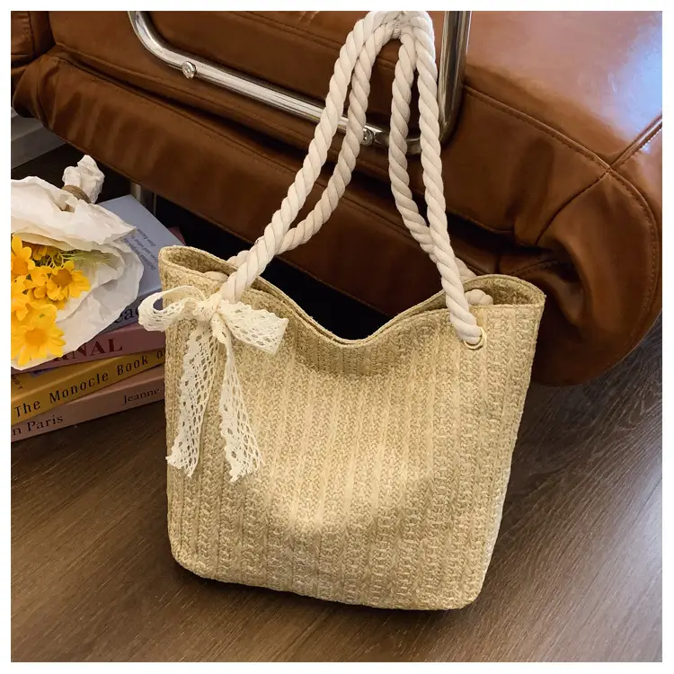 Women Straw Bow Bag 2025 Summer Lace Handle - Image 2