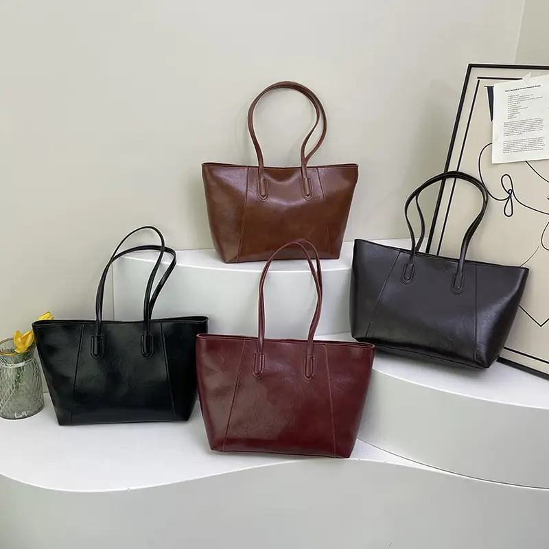 Women Large Leather Shoulder Bag Brown Black - Image 5