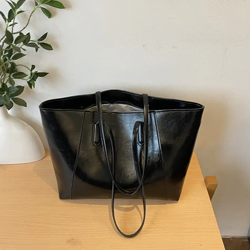 Women Large Leather Shoulder Bag Brown Black - Image 6