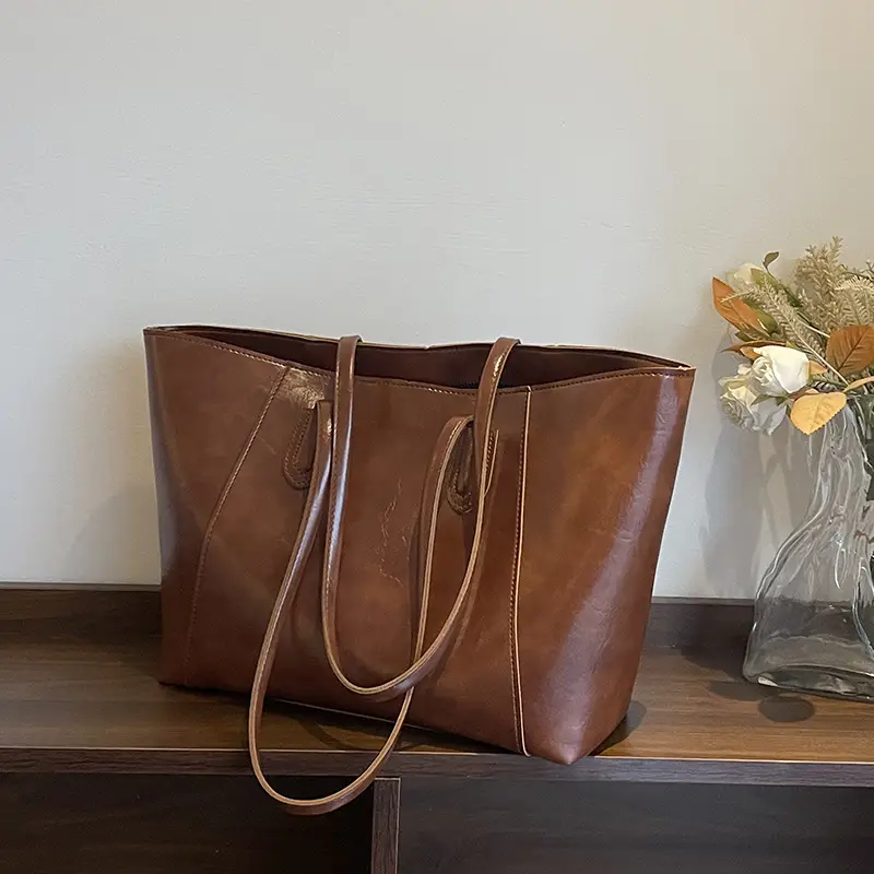 Women Large Leather Shoulder Bag Brown Black - Image 7