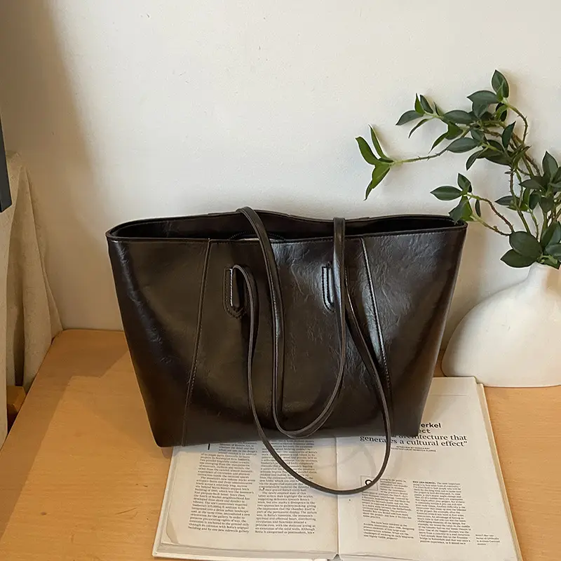 Women Large Leather Shoulder Bag Brown Black - Image 8