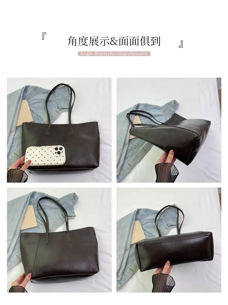 Women Large Leather Shoulder Bag Brown Black — feature 5