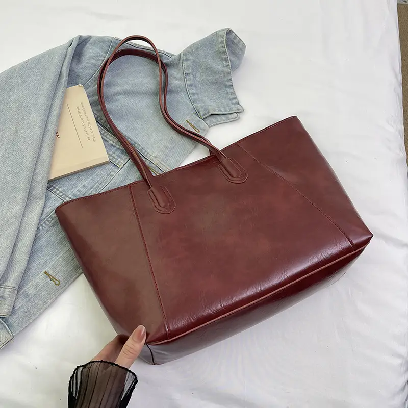 Women Large Leather Shoulder Bag Brown Black - Image 2