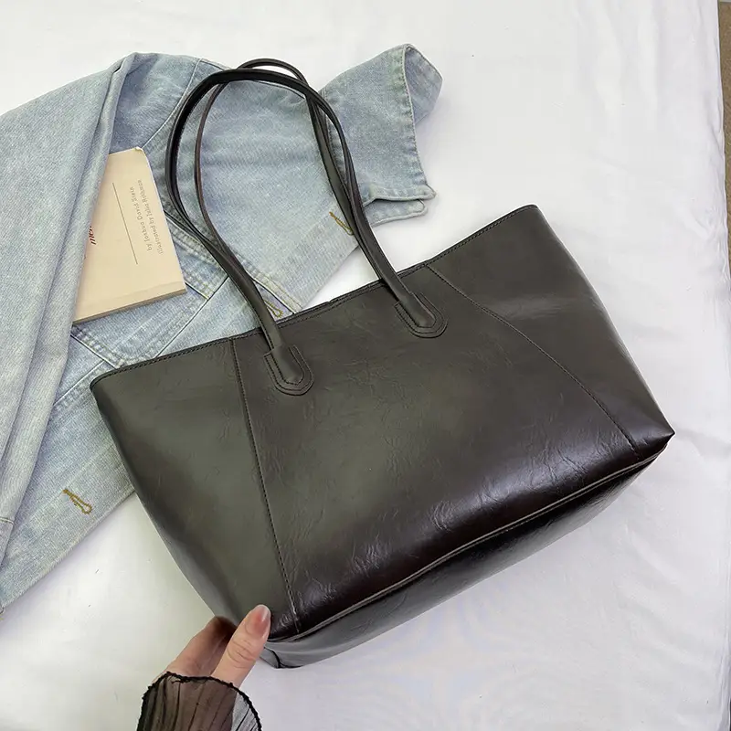 Women Large Leather Shoulder Bag Brown Black - Image 3