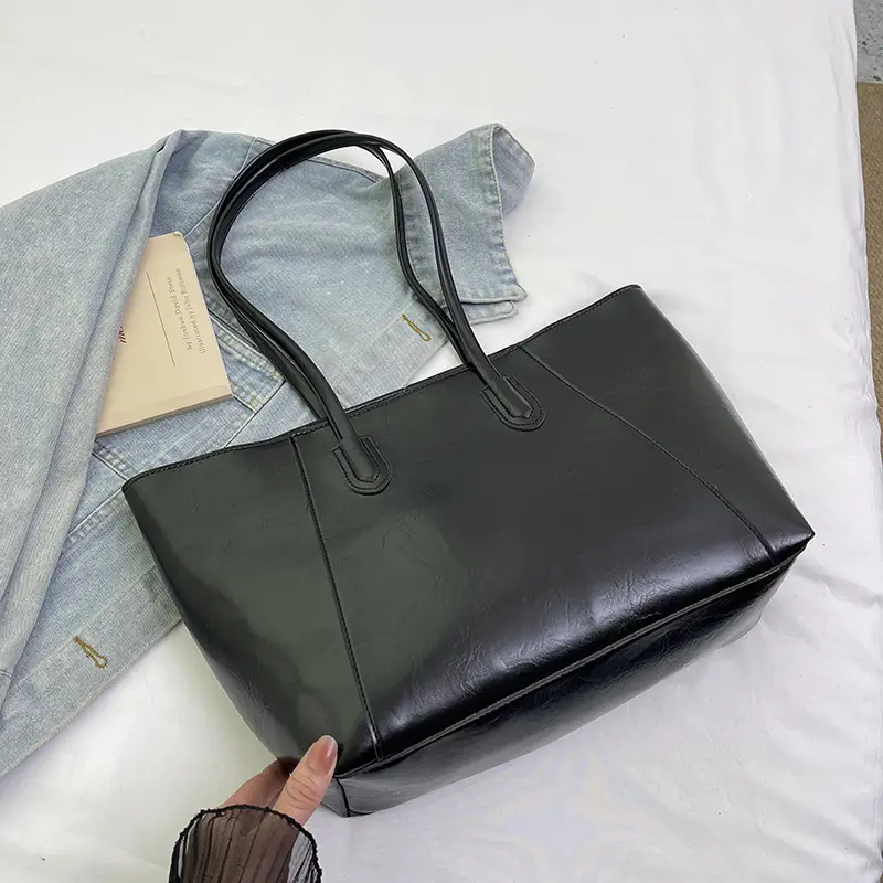 Women Large Leather Shoulder Bag Brown Black - Image 4