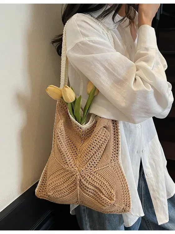 Women's Cream Crossbody Tote Bag with Tassel & Straw Design - Image 7
