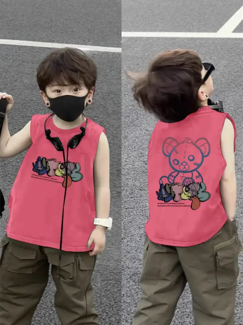 2025 Boys Pure Cotton Sleeveless Vest Red FUVUH Bear Print - Image 15