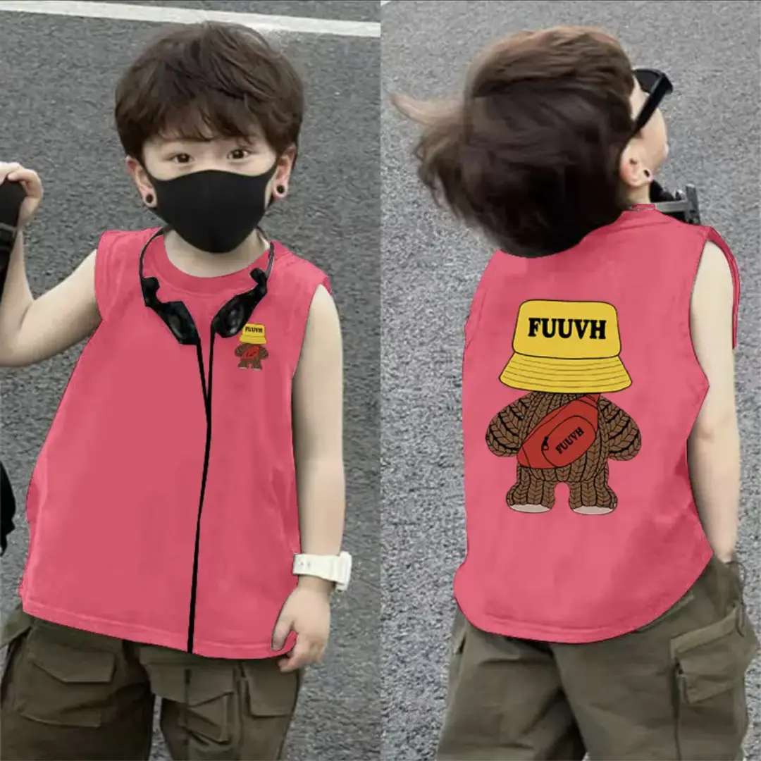 2025 Boys Pure Cotton Sleeveless Vest Red FUVUH Bear Print - Image 2