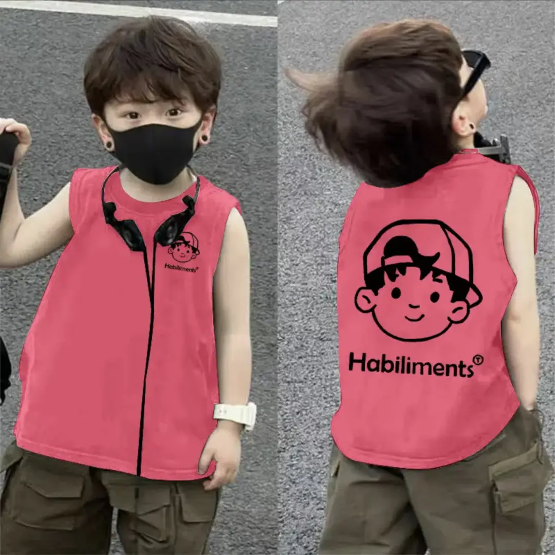2025 Boys Pure Cotton Sleeveless Vest Red FUVUH Bear Print - Image 5