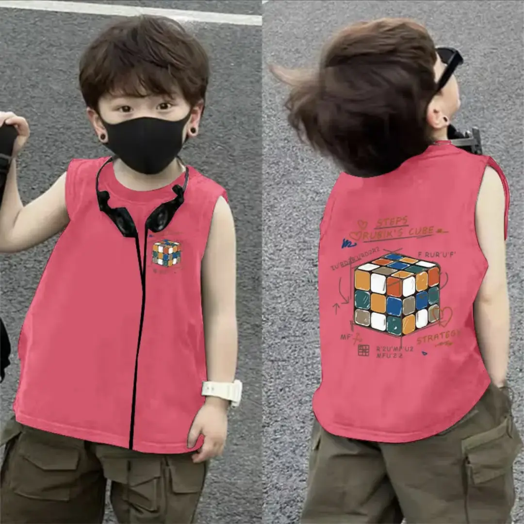 2025 Boys Pure Cotton Sleeveless Vest Red FUVUH Bear Print - Image 6