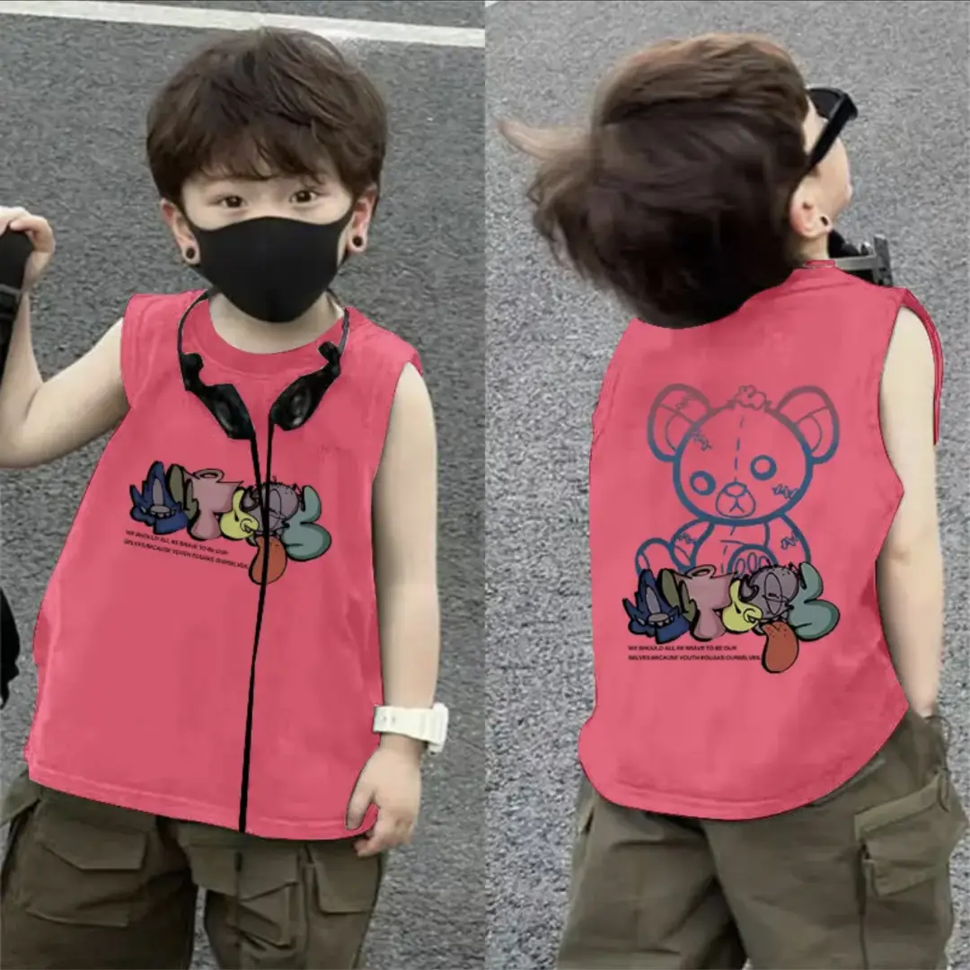 2025 Boys Pure Cotton Sleeveless Vest Red FUVUH Bear Print - Image 8