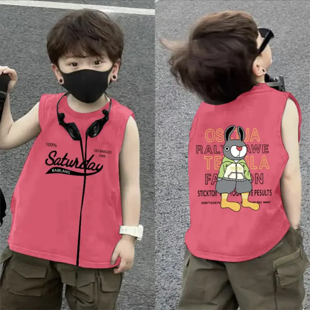 2025 Boys Pure Cotton Sleeveless Vest Red FUVUH Bear Print - Image 9
