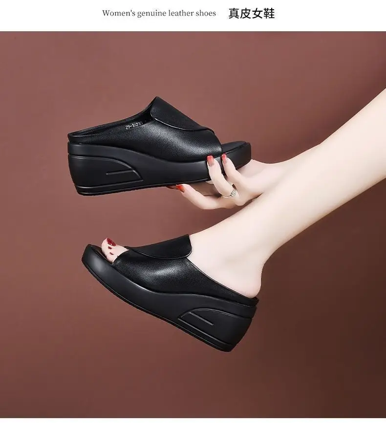 Cross-Border New Style Genuine Soft Leather Non-Slip Wear-Resistant Mom Slippers Women's Summer 2025 Waterproof Platform Thick-Soled Fashionable Outer Sandals — feature 12