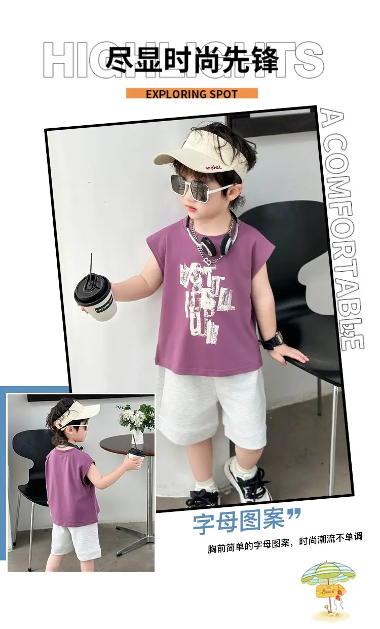 Kids Summer T-Shirt Set Sleeveless Vest & Shorts Two-Piece Set — feature 2