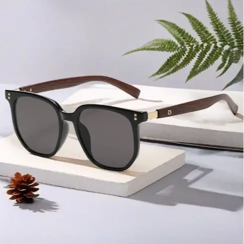 Korean Style Brown Sunglasses with Wood Grain Legs - Image 8