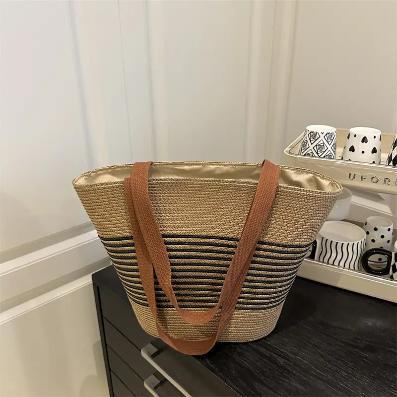 New Belt Woven Shoulder Bag Striped Contrast Hand Bag All-match Simple Tote Bag Holiday Style Shoulder Bag luggage and leather goods - Image 4