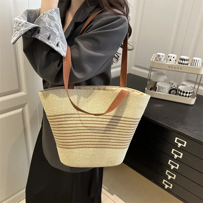 New Belt Woven Shoulder Bag Striped Contrast Hand Bag All-match Simple Tote Bag Holiday Style Shoulder Bag luggage and leather goods - Image 5