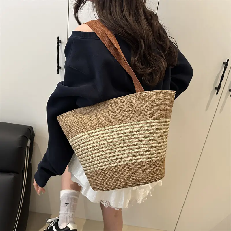 New Belt Woven Shoulder Bag Striped Contrast Hand Bag All-match Simple Tote Bag Holiday Style Shoulder Bag luggage and leather goods - Image 6