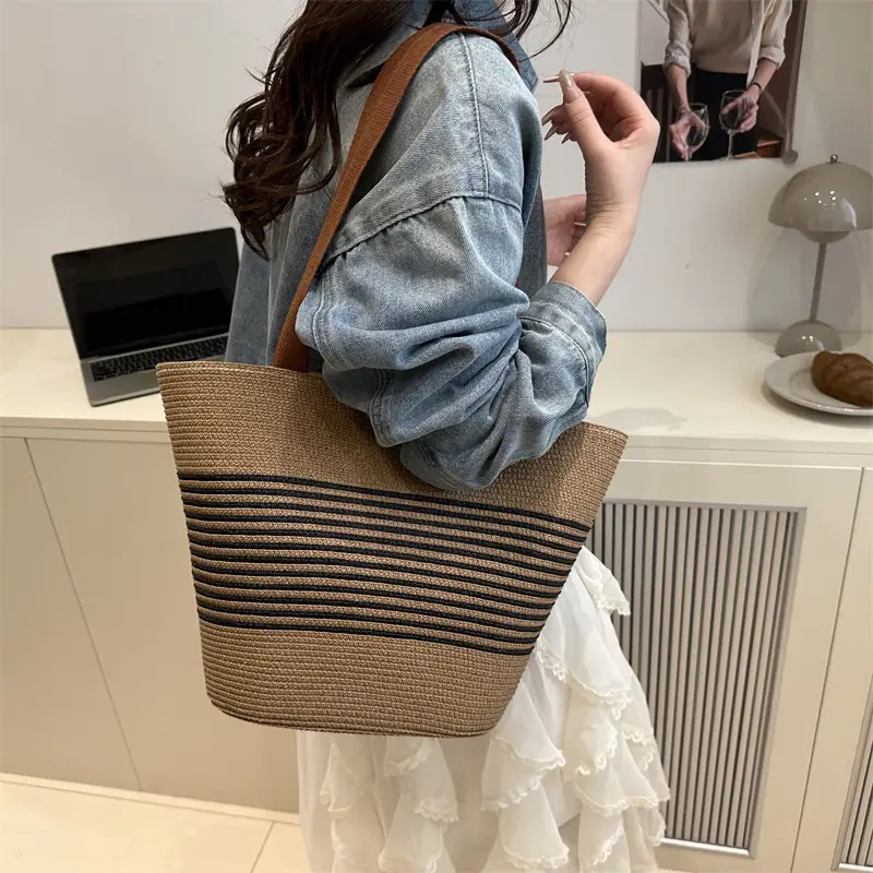 New Belt Woven Shoulder Bag Striped Contrast Hand Bag All-match Simple Tote Bag Holiday Style Shoulder Bag luggage and leather goods - Image 7