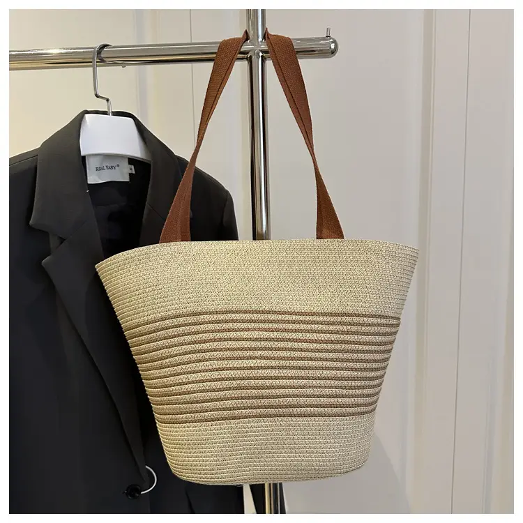 New Belt Woven Shoulder Bag Striped Contrast Hand Bag All-match Simple Tote Bag Holiday Style Shoulder Bag luggage and leather goods — feature 10