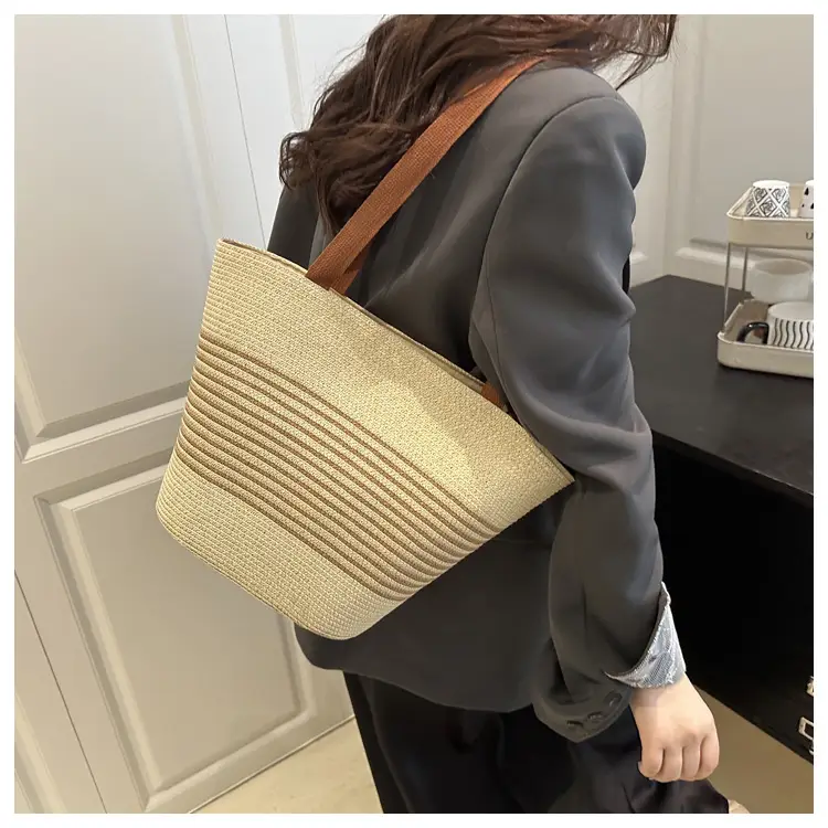 New Belt Woven Shoulder Bag Striped Contrast Hand Bag All-match Simple Tote Bag Holiday Style Shoulder Bag luggage and leather goods — feature 11