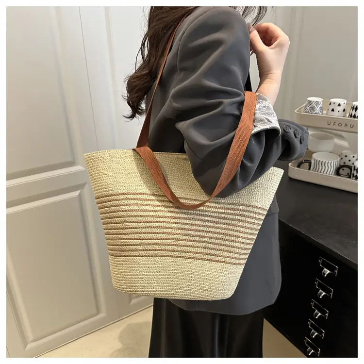 New Belt Woven Shoulder Bag Striped Contrast Hand Bag All-match Simple Tote Bag Holiday Style Shoulder Bag luggage and leather goods — feature 12