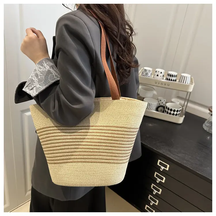 New Belt Woven Shoulder Bag Striped Contrast Hand Bag All-match Simple Tote Bag Holiday Style Shoulder Bag luggage and leather goods — feature 13