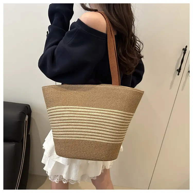 New Belt Woven Shoulder Bag Striped Contrast Hand Bag All-match Simple Tote Bag Holiday Style Shoulder Bag luggage and leather goods — feature 14
