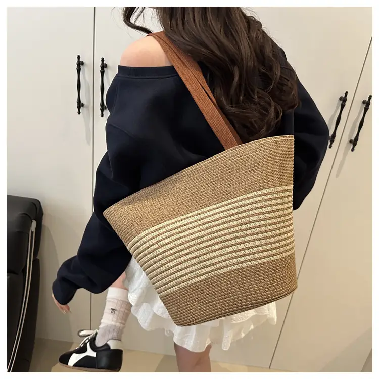 New Belt Woven Shoulder Bag Striped Contrast Hand Bag All-match Simple Tote Bag Holiday Style Shoulder Bag luggage and leather goods — feature 15