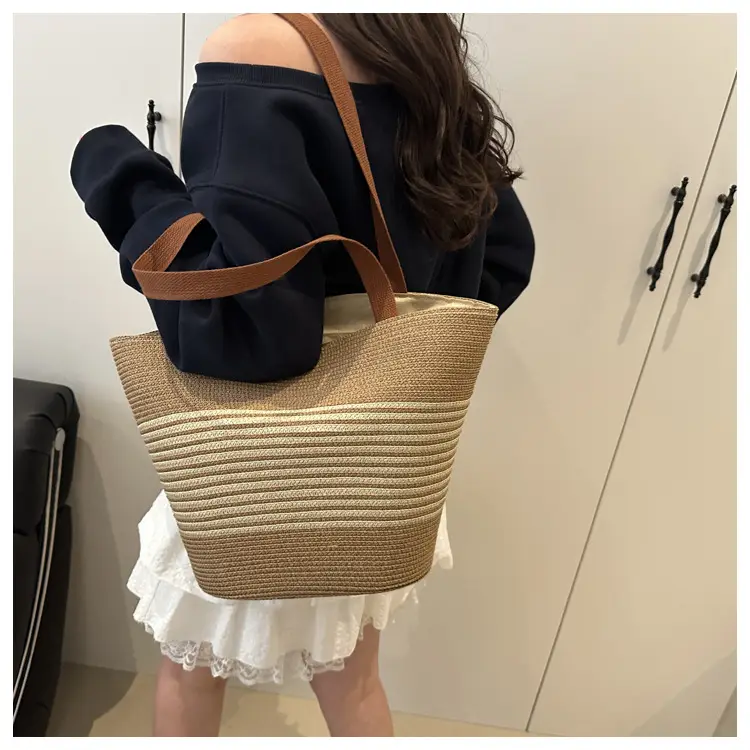 New Belt Woven Shoulder Bag Striped Contrast Hand Bag All-match Simple Tote Bag Holiday Style Shoulder Bag luggage and leather goods — feature 16
