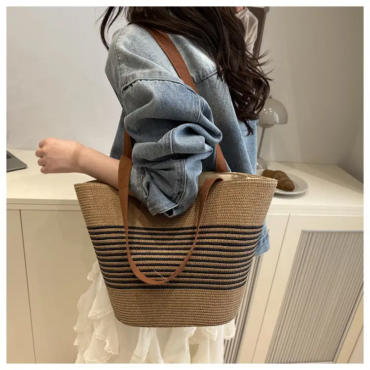 New Belt Woven Shoulder Bag Striped Contrast Hand Bag All-match Simple Tote Bag Holiday Style Shoulder Bag luggage and leather goods — feature 17