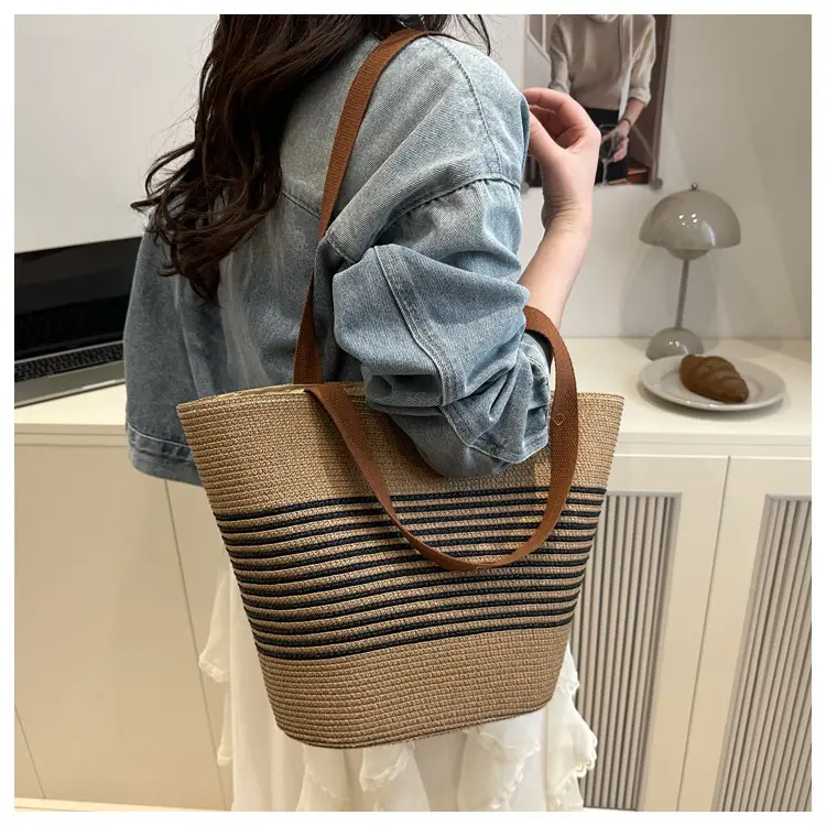 New Belt Woven Shoulder Bag Striped Contrast Hand Bag All-match Simple Tote Bag Holiday Style Shoulder Bag luggage and leather goods — feature 18