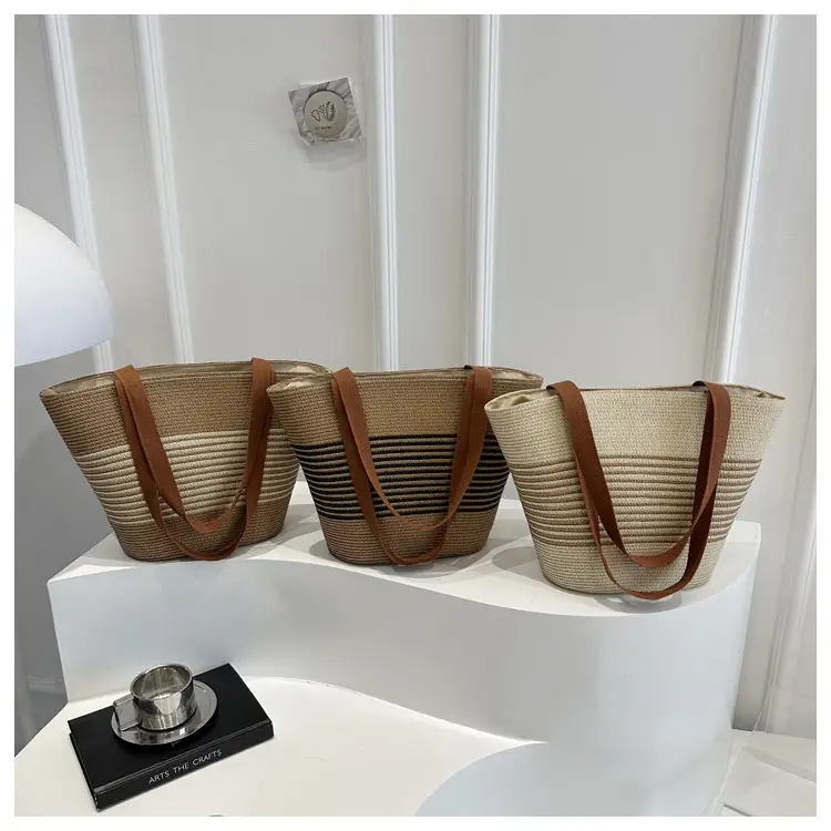 New Belt Woven Shoulder Bag Striped Contrast Hand Bag All-match Simple Tote Bag Holiday Style Shoulder Bag luggage and leather goods — feature 20