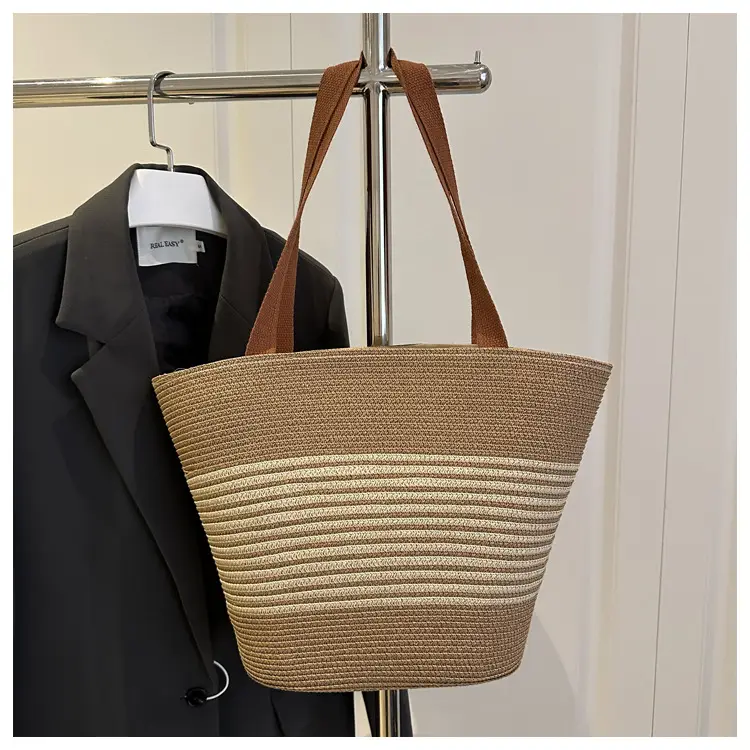 New Belt Woven Shoulder Bag Striped Contrast Hand Bag All-match Simple Tote Bag Holiday Style Shoulder Bag luggage and leather goods - Image 3