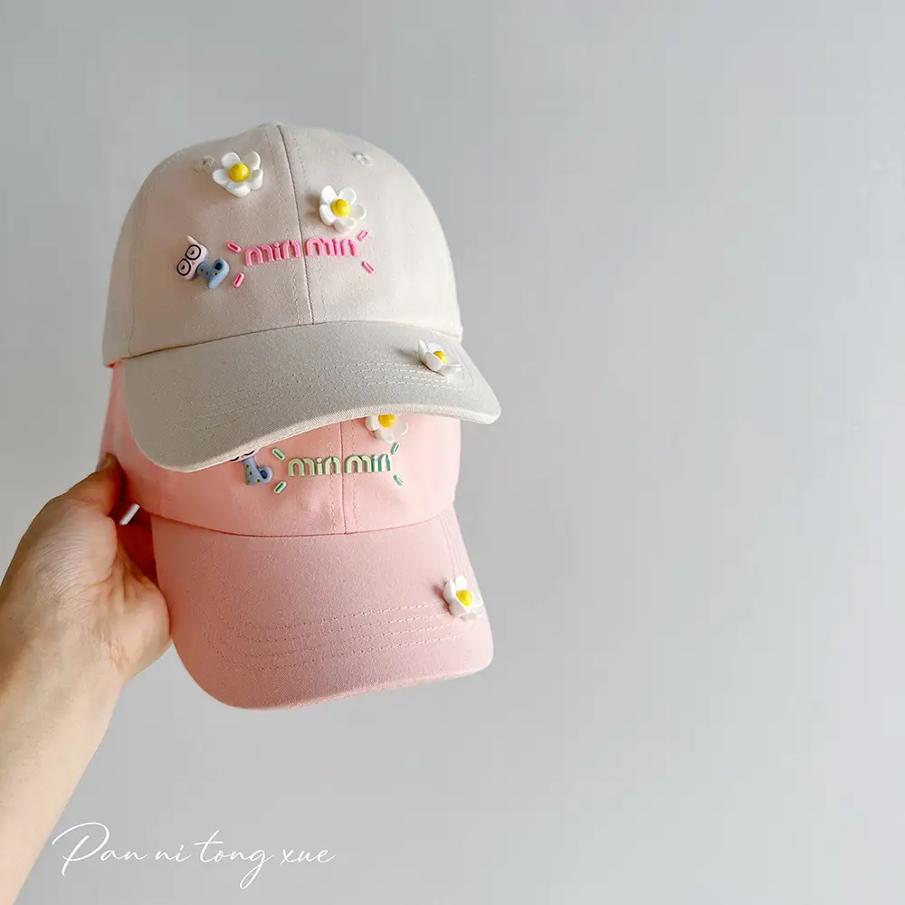 Girls Pink Duckbill Cap with Sunshade & Flower Embellishments - Image 4