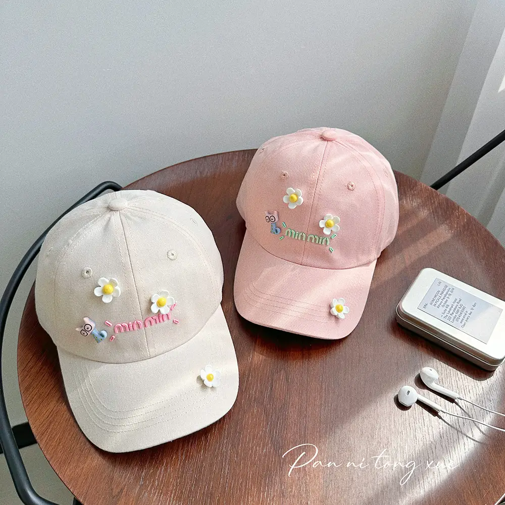 Girls Pink Duckbill Cap with Sunshade & Flower Embellishments — feature 21