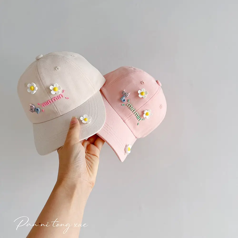 Girls Pink Duckbill Cap with Sunshade & Flower Embellishments — feature 22