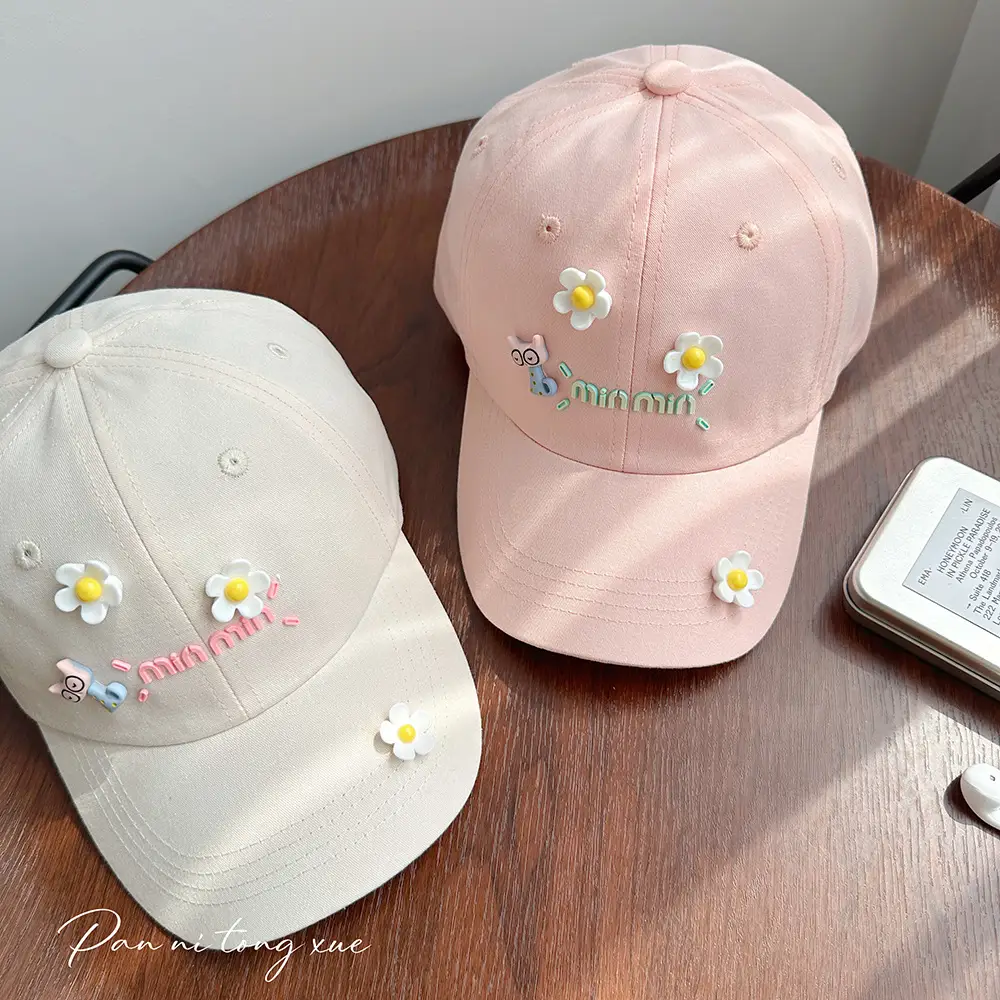Girls Pink Duckbill Cap with Sunshade & Flower Embellishments — feature 25