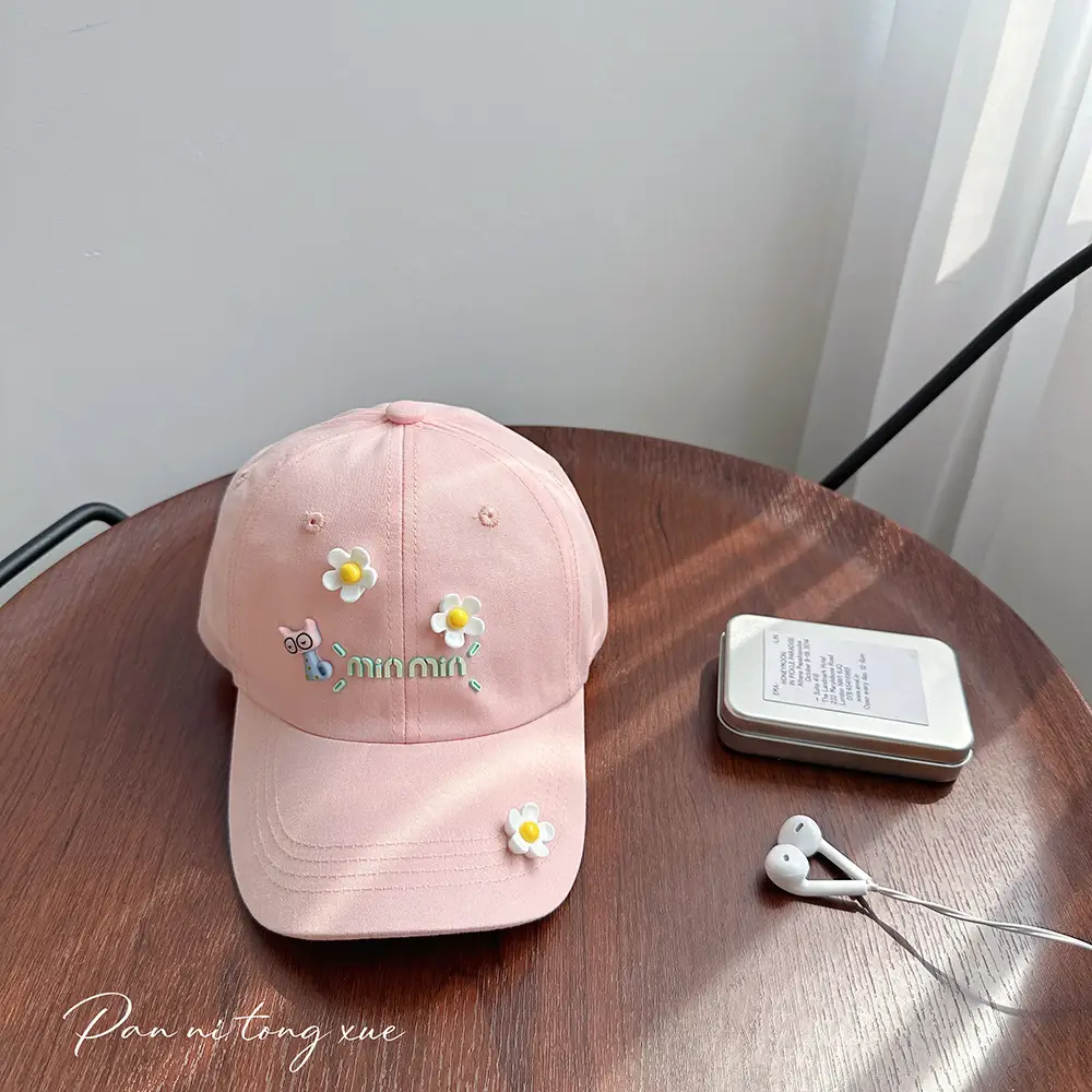 Girls Pink Duckbill Cap with Sunshade & Flower Embellishments — feature 28