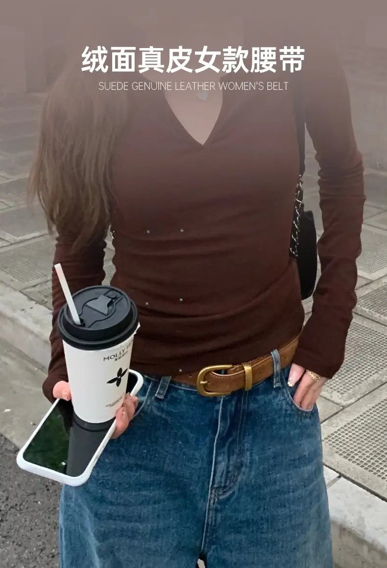 Women's Black Suede Belt with Gold Buckle — feature 1