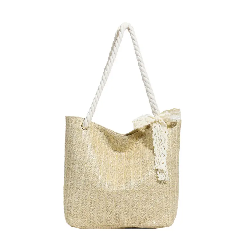 Women's Straw Handbag with Rope Handles Beige - Image 7