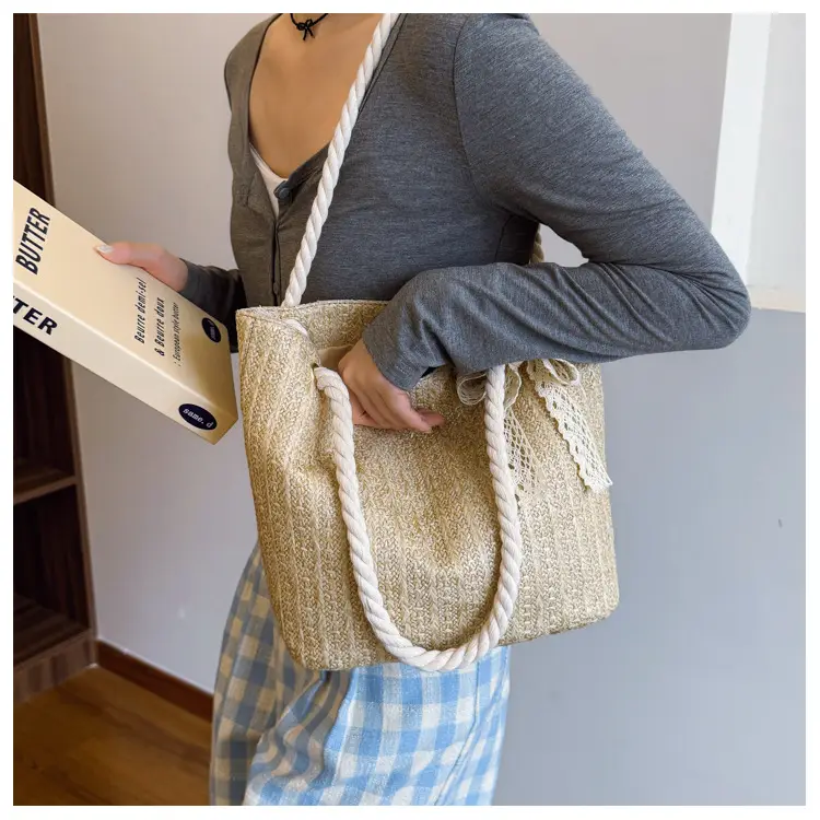 Women's Straw Handbag with Rope Handles Beige — feature 12