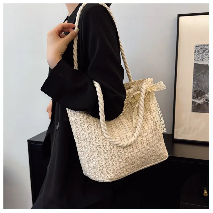 Women's Straw Handbag with Rope Handles Beige — feature 14