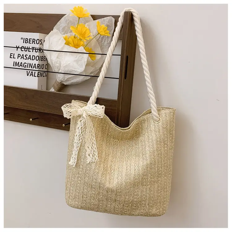 Women's Straw Handbag with Rope Handles Beige — feature 24