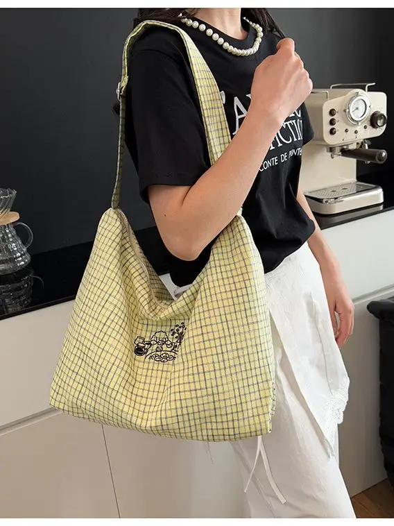 Blue Plaid Canvas Shoulder Bag for Women 2025 - Image 5