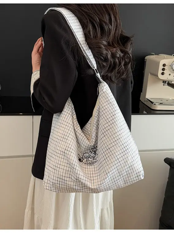 Blue Plaid Canvas Shoulder Bag for Women 2025 - Image 6