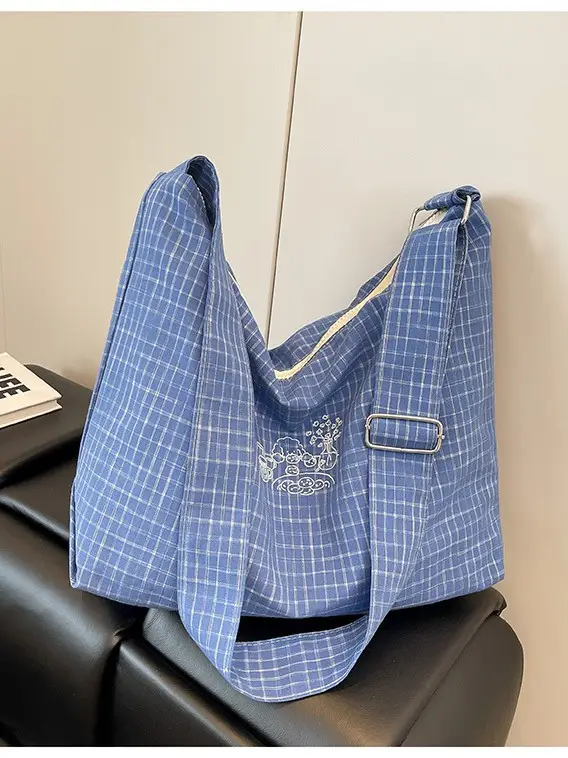 Blue Plaid Canvas Shoulder Bag for Women 2025 - Image 7