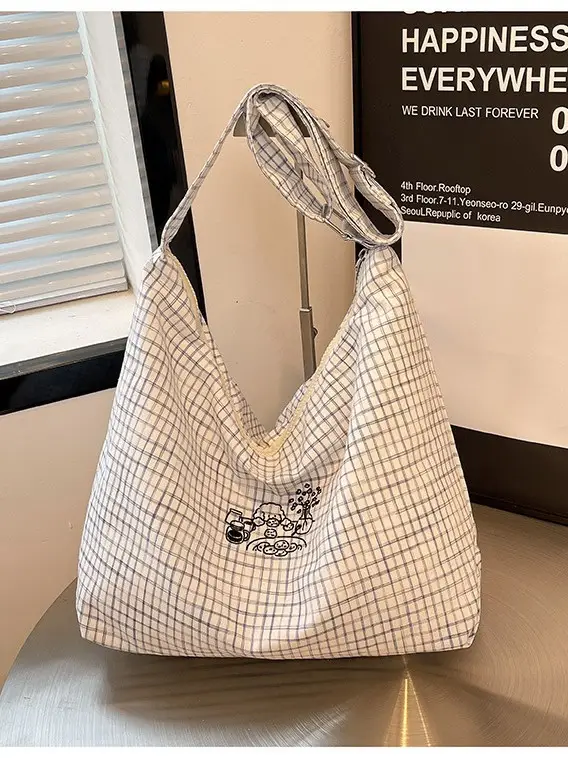 Blue Plaid Canvas Shoulder Bag for Women 2025 - Image 8