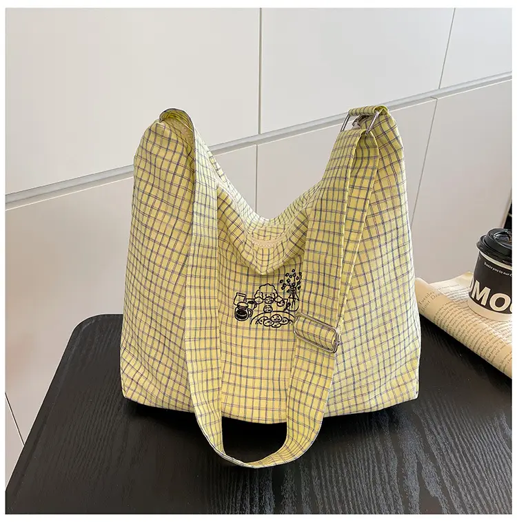 Blue Plaid Canvas Shoulder Bag for Women 2025 - Image 2